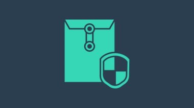 Mavi zemin üzerinde kalkan simgesi olan turkuaz zarf. Sigorta konsepti. Güvenlik, güvenlik, koruma, konsept koruma. 4K Video hareketli grafik canlandırması