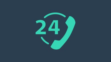Turkuaz Telefon 24 saat destek ikonu mavi arkaplanda izole edildi. Tüm gün müşteri destek merkezi. Tam zamanlı çağrı servisi. 4K Video hareketli grafik canlandırması