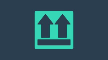 Turkuaz Bu taraf mavi arkaplanda izole edilmiş bir simge. Paketin üst tarafını gösteren iki ok. Kargo halledildi. 4K Video hareketli grafik canlandırması