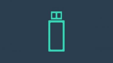 Turkuaz USB flash disk simgesi mavi arkaplanda izole edildi. 4K Video hareketli grafik canlandırması