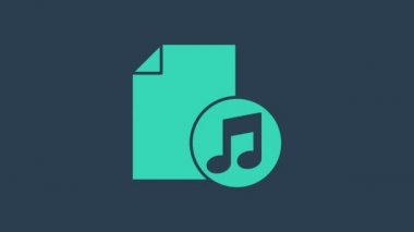 Mavi arkaplanda not simgesi olan turkuaz müzik kitabı. Notalı nota kağıdı. Müzik notaları için not defteri. 4K Video hareketli grafik canlandırması
