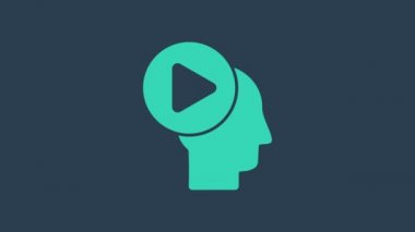 Çalma düğmesi simgesine sahip turkuaz başlıklı insanlar mavi arkaplanda izole edildi. 4K Video hareketli grafik canlandırması