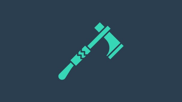 Turkusowa rdzenna amerykańska ikona siekiery Tomahawk odizolowana na niebieskim tle. 4K Animacja graficzna ruchu wideo — Wideo stockowe