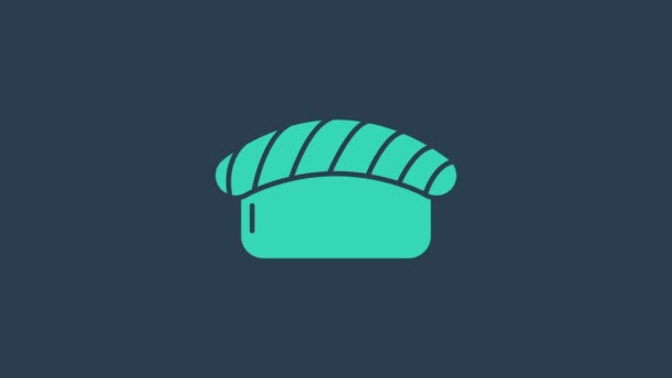 Ícone de sushi turquesa isolado em fundo azul. Comida tradicional japonesa. Animação gráfica em movimento de vídeo 4K — Vídeo de Stock