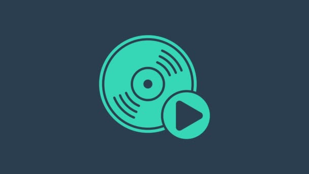 Icono de disco de vinilo turquesa aislado sobre fondo azul. Animación gráfica de vídeo 4K — Vídeo de stock