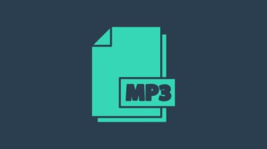 Turkuaz MP3 dosya belgesi. MP3 düğmesi simgesi mavi arkaplanda izole edildi. Mp3 müzik format işareti. MP3 dosya sembolü. 4K Video hareketli grafik canlandırması