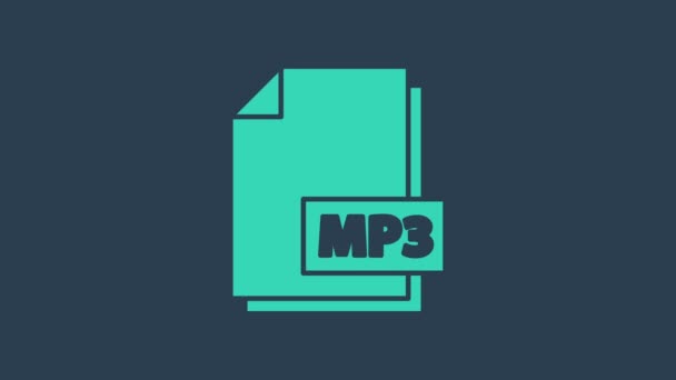 Turkuaz MP3 dosya belgesi. MP3 düğmesi simgesi mavi arkaplanda izole edildi. Mp3 müzik format işareti. MP3 dosya sembolü. 4K Video hareketli grafik canlandırması — Stok video