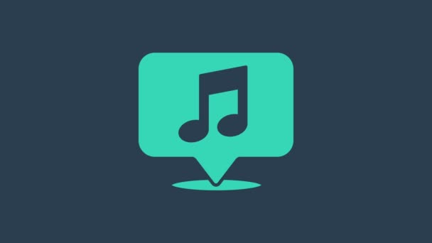 Turchese Nota musicale nell'icona della bolla vocale isolata su sfondo blu. Concetto di musica e suono. Animazione grafica 4K Video motion — Video Stock