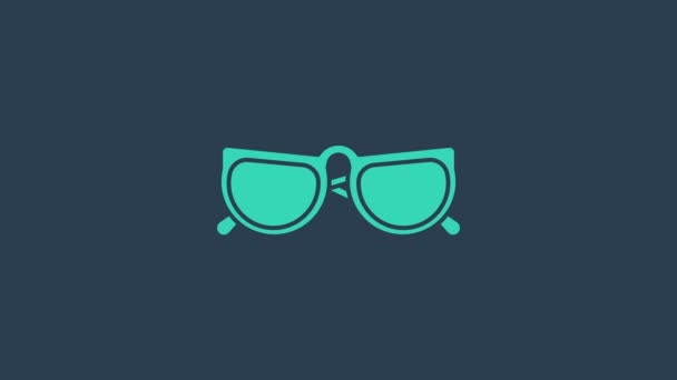 Ícone de óculos turquesa isolado no fundo azul. Símbolo de quadro de óculos. Animação gráfica em movimento de vídeo 4K — Vídeo de Stock