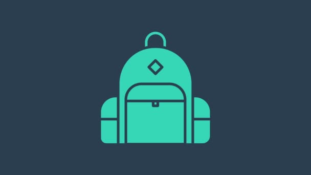 Tyrkysová ikona turistického batohu izolovaná na modrém pozadí. Táboření a poznávání hor batohem. Grafická animace pohybu videa 4K — Stock video