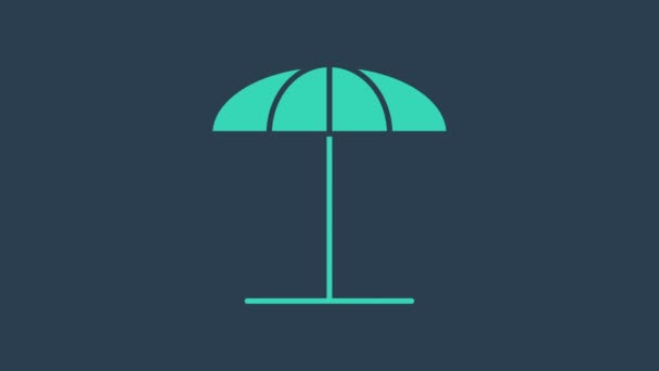 Paraguas protector sol turquesa para icono de la playa aislado sobre fondo azul. Gran sombrilla para espacio al aire libre. Paraguas de playa. Animación gráfica de vídeo 4K — Vídeos de Stock