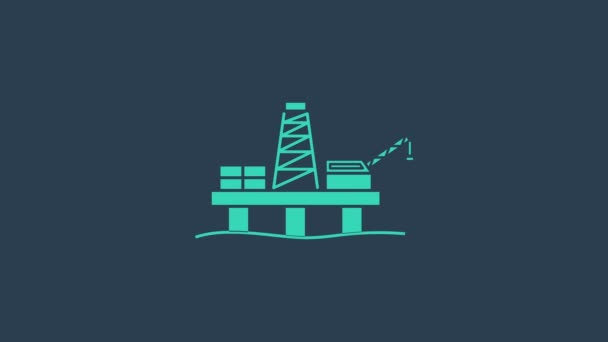蓝色背景上孤立的海图标中的绿松石油平台。海上钻机。石油平台，天然气燃料，工业离岸。4K视频运动图形动画 — 图库视频影像