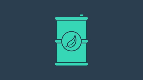 Icona turchese biocarburante a botte isolata su sfondo blu. Eco bio e bombola. Ambiente verde e riciclo. Animazione grafica 4K Video motion — Video Stock
