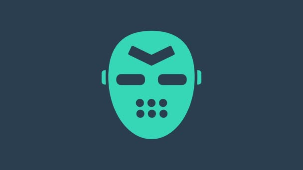 Ікона бірюзової хокейної маски ізольована на синьому фоні. 4K Відеографічна анімація — стокове відео