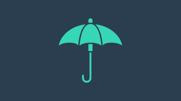Τυρκουάζ Κλασικό κομψό ανοιχτό εικονίδιο ομπρέλα απομονώνονται σε μπλε φόντο. Σύμβολο προστασίας από βροχή. 4K Γραφική κίνηση κίνησης βίντεο — Αρχείο Βίντεο