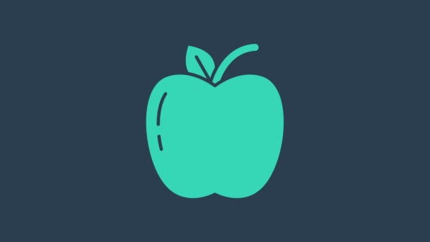 Icono de manzana turquesa aislado sobre fondo azul. Fruta con símbolo de hoja. Animación gráfica de vídeo 4K — Vídeos de Stock
