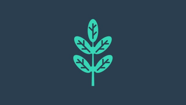 Türkisfarbenes Blatt-Symbol isoliert auf blauem Hintergrund. Laubblätter winken. Symbol für frisches Naturprodukt. 4K Video Motion Grafik Animation — Stockvideo