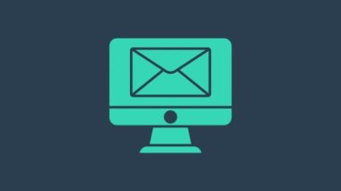 Turkuaz monitör ve zarf, yeni mesaj, mavi arkaplanda posta simgesi izole edildi. E-posta bültenleri, başlıklar, blog yazıları için kullanım. 4K Video hareketli grafik canlandırması