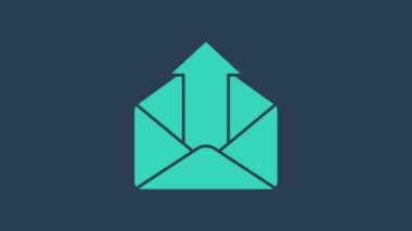 Giden turkuaz posta simgesi mavi arkaplanda izole edildi. Zarf sembolü. Giden mesaj işareti. Posta yön bulma düğmesi. 4K Video hareketli grafik canlandırması