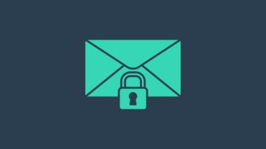 Turkuaz E- posta iletisi kilidi parola simgesi mavi arkaplanda izole edildi. Asma kilitli zarf. Özel, güvenlik, güvenlik, koruma, gizlilik. 4K Video hareketli grafik canlandırması