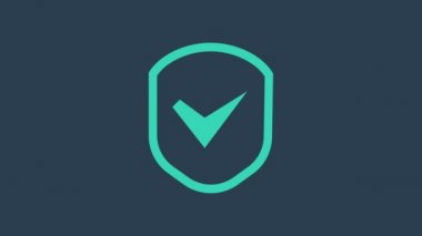 Turkuaz Kalkan mavi arkaplanda işaretli simge izole edildi. Güvenlik, güvenlik, koruma, gizlilik kavramı. Kene izi onaylandı. 4K Video hareketli grafik canlandırması