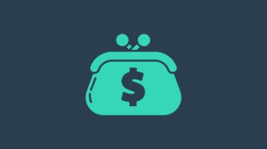 Mavi arka planda dolar sembolü olan turkuaz cüzdan. Çanta ikonu. Nakit tasarruf sembolü. 4K Video hareketli grafik canlandırması