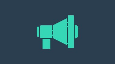 Mavi arkaplanda izole edilmiş turkuaz megafon simgesi. Yüksek sesle konuşma uyarısı. Ağızlık için megafon, terfi diye bağırıyor. 4K Video hareketli grafik canlandırması