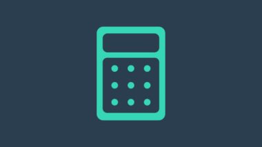 Turkuaz Hesap Makinesi simgesi mavi arkaplanda izole edildi. Muhasebe sembolü. İş hesaplamaları matematik eğitimi ve finans. 4K Video hareketli grafik canlandırması