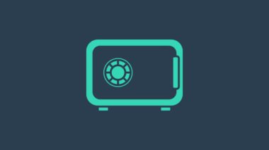 Mavi arkaplanda turkuaz kasa simgesi izole edildi. Kapı, şifreli bir banka kasası. Güvenilir Veri Koruma. 4K Video hareketli grafik canlandırması