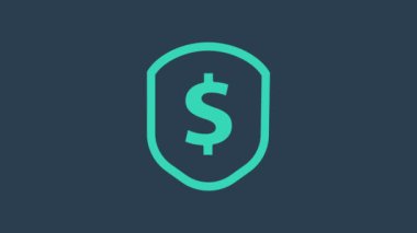 Mavi arka planda dolar sembolü olan turkuaz kalkan. Güvenlik kalkanı koruması. Para güvenliği konsepti. 4K Video hareketli grafik canlandırması