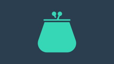 Mavi arka planda izole edilmiş turkuaz cüzdan simgesi. Çanta ikonu. Nakit tasarruf sembolü. 4K Video hareketli grafik canlandırması