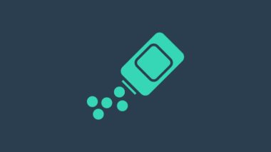 Turkuaz ilaç şişesi ve mavi arka planda izole edilmiş hap ikonu. Şişe hapı işareti. Eczane tasarımı. 4K Video hareketli grafik canlandırması