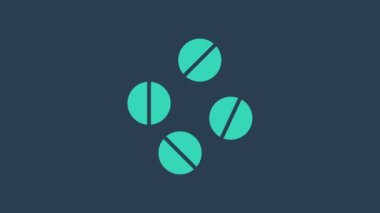 Mavi arka planda izole edilmiş turkuaz ilaç veya tablet ikonu. Kapsül hapı ve uyuşturucu işareti. Eczane tasarımı. 4K Video hareketli grafik canlandırması