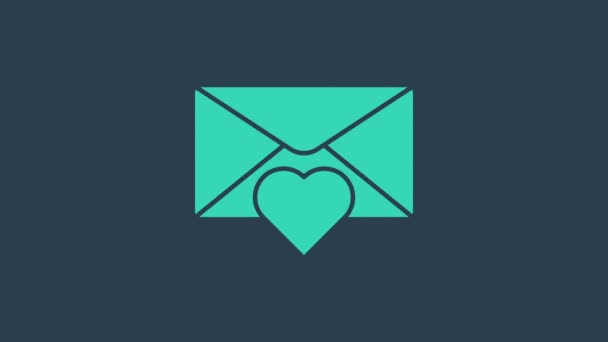 Turkoois Envelop met Valentijn hart pictogram geïsoleerd op blauwe achtergrond. Boodschap liefde. Brief liefde en romantiek. 4K Video motion grafische animatie — Stockvideo