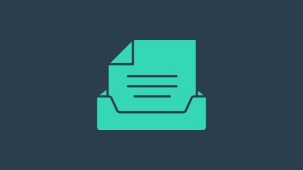 Бирюзовый Ящик с иконкой документа изолирован на синем фоне. Ящик с документами. Ящик шкафа. Мебель для офиса. Видеографическая анимация 4K — стоковое видео