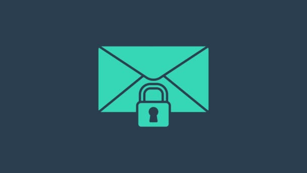 Turquesa Mensaje de correo bloquear contraseña icono aislado sobre fondo azul. Sobres con candado. Privado, seguridad, seguro, protección, privacidad. Animación gráfica de vídeo 4K — Vídeo de stock