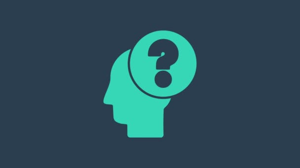 Tyrkysová lidská hlava s ikonou otazníku izolovanou na modrém pozadí. Grafická animace pohybu videa 4K — Stock video