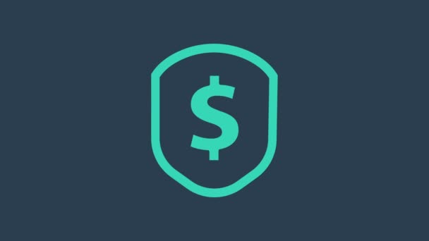 Tyrkysový štít s ikonou symbolu dolaru izolovaný na modrém pozadí. Ochranný štít. Koncept zabezpečení peněz. Grafická animace pohybu videa 4K — Stock video