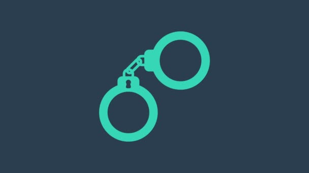 Turquoise Handcuffs icon isolated on blue background. 4K Video motion graphic animation — Stock Video
