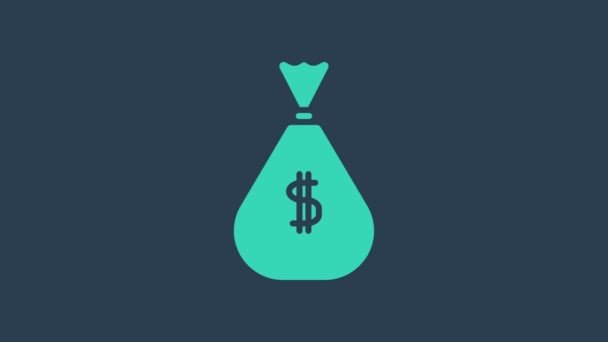 Turkusowa ikona worka na pieniądze na niebieskim tle. Symbol dolara lub USD. Znak waluty Cash Banking. 4K Animacja graficzna ruchu wideo — Wideo stockowe