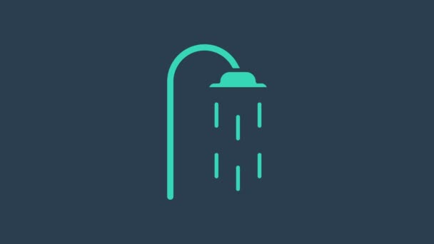 绿松石淋浴头与水滴流动图标隔离在蓝色背景.4K视频运动图形动画 — 图库视频影像
