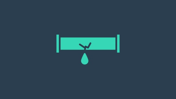 Turkus Złamana metalowa rura z ikoną przeciekającej wody odizolowana na niebieskim tle. 4K Animacja graficzna ruchu wideo — Wideo stockowe