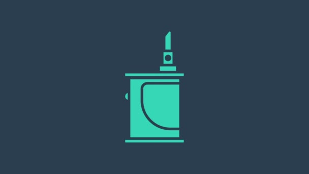 Τιρκουάζ Ηλεκτρονικό εικονίδιο του τσιγάρου απομονωμένο σε μπλε φόντο. Εργαλείο καπνίσματος κασέτας. Συσκευή εξάτμισης. 4K Γραφική κίνηση κίνησης βίντεο — Αρχείο Βίντεο