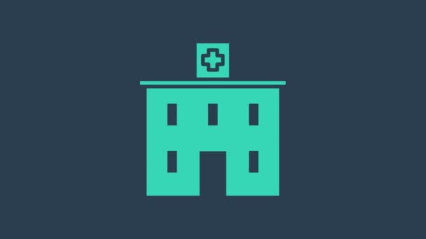 Türkisfarbenes medizinisches Krankenhausgebäude mit Kreuzsymbol auf blauem Hintergrund. Medizinisches Zentrum. Gesundheitsversorgung. 4K Video Motion Grafik Animation — Stockvideo