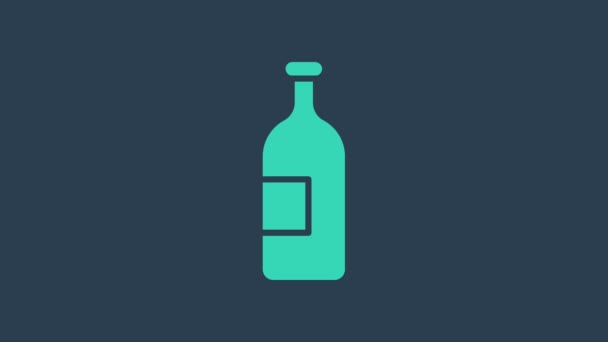 Τιρκουάζ αλκοόλ ποτό μπουκάλι εικονίδιο απομονώνονται σε μπλε φόντο. 4K Γραφική κίνηση κίνησης βίντεο — Αρχείο Βίντεο