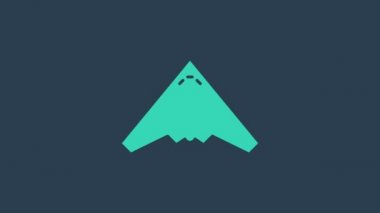 Turkuaz Jet savaş ikonu mavi arka planda izole edildi. Askeri uçak. 4K Video hareketli grafik canlandırması