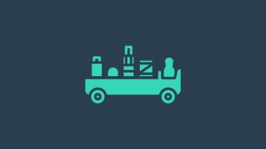 Turkuaz Havaalanı bagaj çekici ikonu mavi arka planda izole edildi. Havaalanı bagaj teslimat vagonu. 4K Video hareketli grafik canlandırması