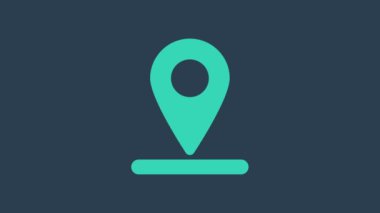 Mavi arkaplanda turkuaz harita pin simgesi izole edildi. Navigasyon, işaret, konum, harita, GPS, yön, yer, pusula, arama konsepti. 4K Video hareketli grafik canlandırması