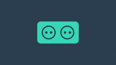 Turkuaz elektrik çıkış simgesi mavi arkaplanda izole edildi. Elektrik prizi. Rosette sembolü. 4K Video hareketli grafik canlandırması