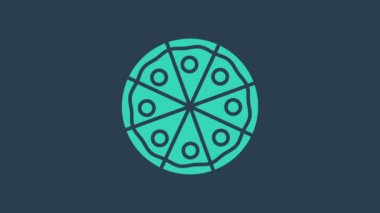 Turkuaz Pizza simgesi mavi arka planda izole edildi. Fast food menüsü. 4K Video hareketli grafik canlandırması